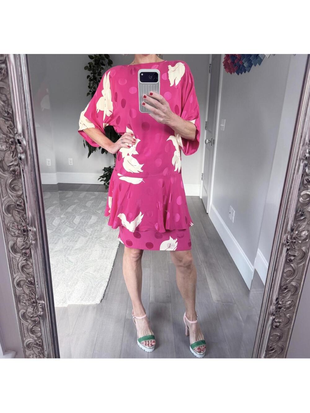 Vintage Saint Romei Pink Floral Silk Peplum Dress Size 8